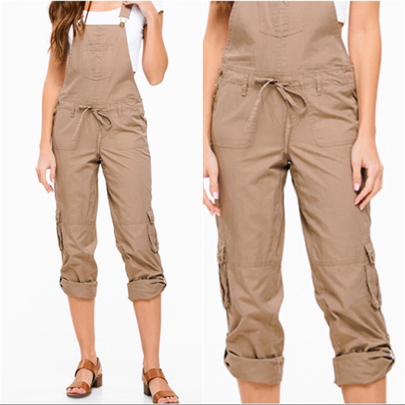 Khaki Cargo Slouch Drawstring Overalls Jumpsuit - Picture 4 of 7